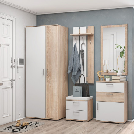 Современная мебель пуфик в прихожую мягкий с ящиком | Банкетка с сиденьем | Тумба ТПр-13 ЛАЙТ ЛДСП белый / дуб сонома / basel white, купить недорого в фирменном салоне магазине «Моя Мебель», всего за 7 790 руб.