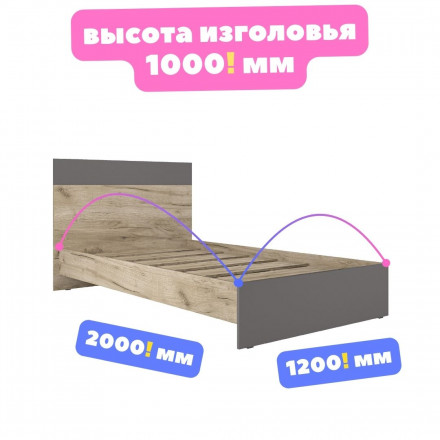 Современная мебель Полутороспальная кровать 1200 на 2000, размер матраса 120х200 КР-44 х1200 ЛАЙТ ЛДСП графит / дуб крафт серый, купить недорого в фирменном салоне магазине «Моя Мебель», всего за 14 990 руб.