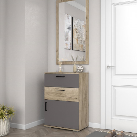 Современная мебель прихожая в коридор с обувницей, зеркалом, тумбой в маленький узкий коридор Модульная ЛАЙТ, дизайн стиля в квартире №1 (графит / крафт серый), купить недорого в фирменном салоне магазине «Моя Мебель», всего за 11 690 руб.