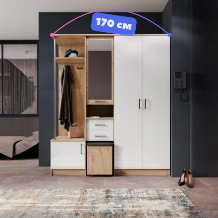 Современная мебель прихожая в коридор с зеркалом, шкафом, обувницей, вешалкой, сиденьем, полками, ящиками, тумбой и банкеткой пуфиком DYCA 170 (белый / бунратти), купить недорого в фирменном салоне магазине «Моя Мебель», всего за 35 990 руб.