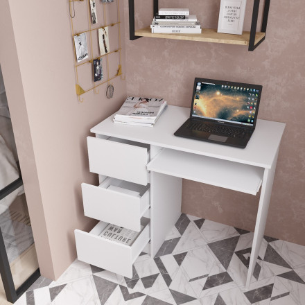 Современная мебель белый письменный стол с ящиками для школьника с полкой и тумбой аналог ИКЕА ЭЙЛЕР (IKEA EJLER) МС-6 левый (МП/3) МС мори, купить недорого в фирменном салоне магазине «Моя Мебель», всего за 7 200 руб.