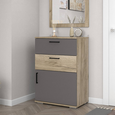 Современная мебель обувница в прихожую закрытая узкая | для обуви Тумба в прихожую с 2 выдвижными ящиками | Галошница | Обувной шкаф | Шкаф под обувь | Тумба в коридор ТБ-09 ЛАЙТ ЛДСП графит / крафт серый, купить недорого в фирменном салоне магазине «Моя Мебель», всего за 7 430 руб.