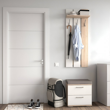 Современная мебель вешалка для одежды настенная, в прихожую с полкой на стену, в коридор В-06 ЛАЙТ ЛДСП белый / дуб сонома, купить недорого в фирменном салоне магазине «Моя Мебель», всего за 3 900 руб.
