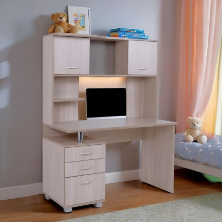 Современная мебель компьютерный стол с полками | ящиками | тумбой | надстройкой maxim 1, ЛДСП ясень Шимо светлый, купить недорого в фирменном салоне магазине «Моя Мебель», всего за 17 990 руб.