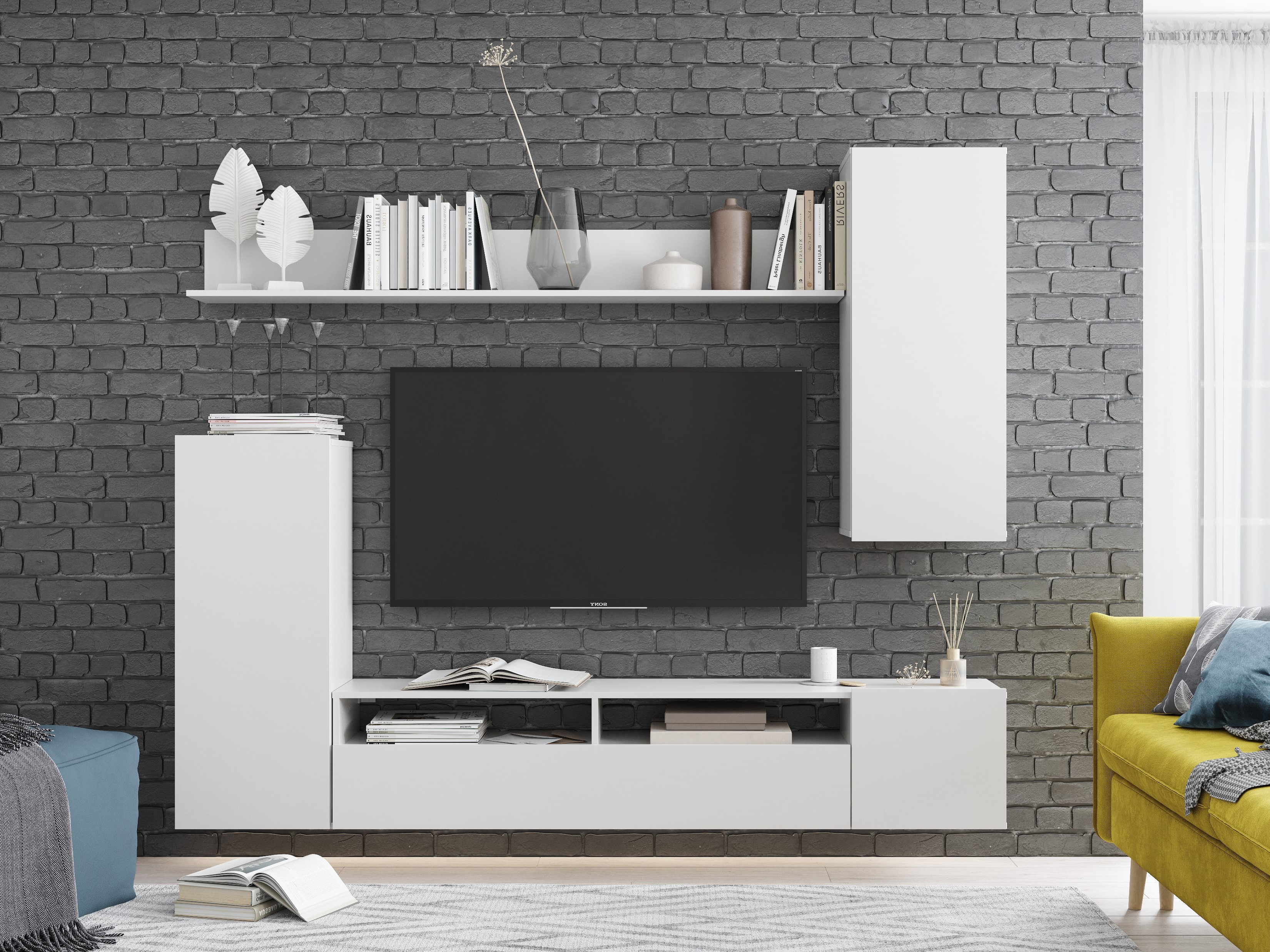 Современная белая навесная модульная гостиная 'Денвер' #4 в интерьере фирменного салона-магазина 'Моя Мебель' на сайте m-m-mebel.ru