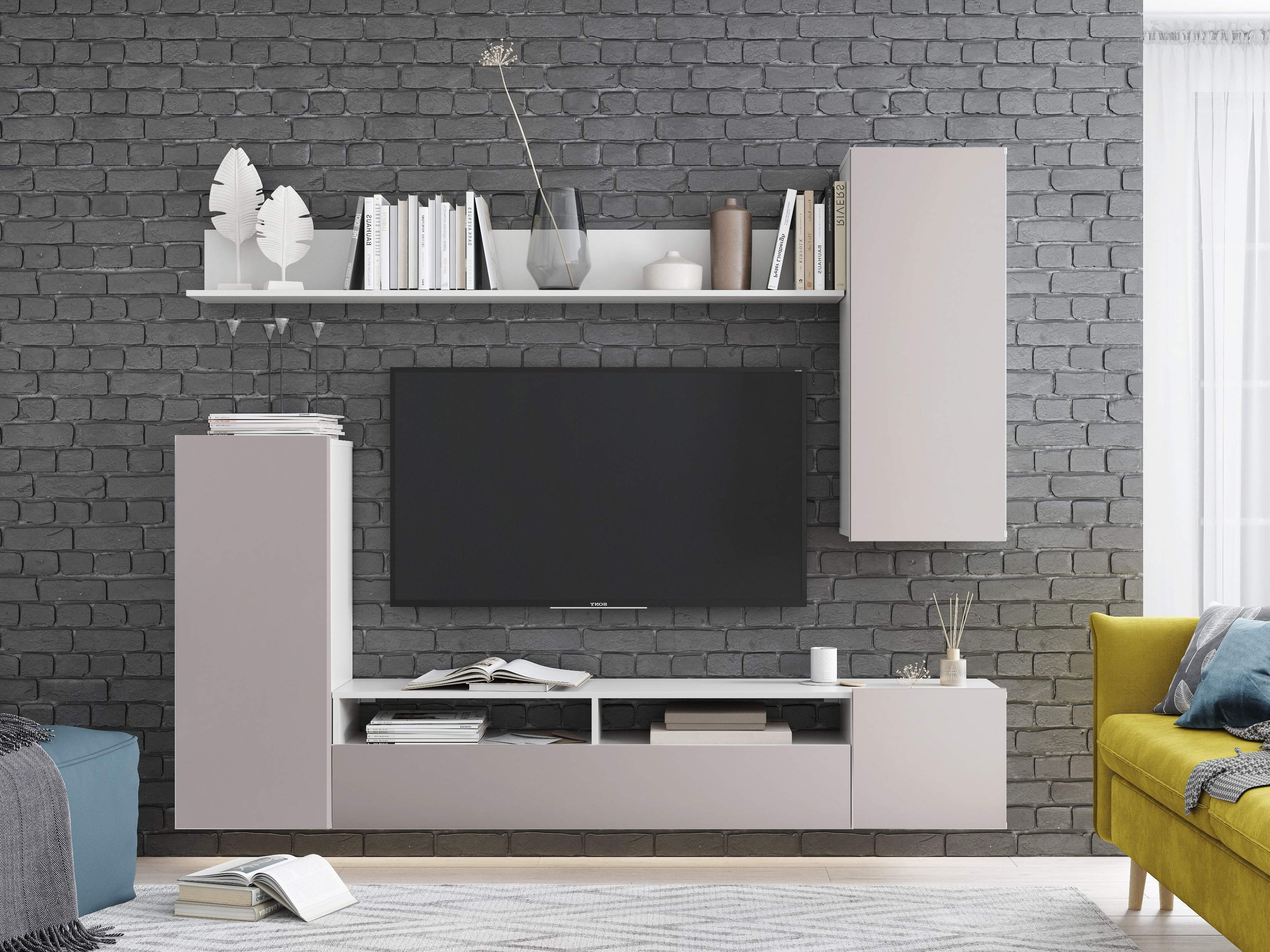 Современная навесная модульная стенка в гостиную 'Денвер' №6, цвет: глиняный серый / крафт белый в интерьере фирменного салона-магазина 'Моя Мебель' на сайте m-m-mebel.ru